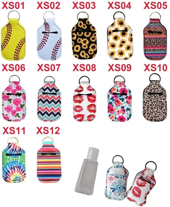 4 Piece Hand Sanitizer Bottle Holder Keyring Neoprene Keychain for 30ML Gym Shampoo Lotion Soap Perfume and Liquids Travel Containers,Lips