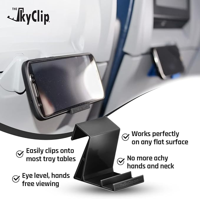 The SkyClip Airplane Cell Phone Back of Seat Inflight Tray Table Clip and Sturdy Phone Stand, Compatible with iPhone, Android, Tablets, and Readers, Travel Must Have (Black 2 Pack)