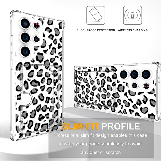 Compatible with Samsung Galaxy S24 Ultra Case Card Holder for Women Cute Design,Wallet Phone Cases Transparent Cool Kawaii Protective (Clear Leopard Cheetah Design)