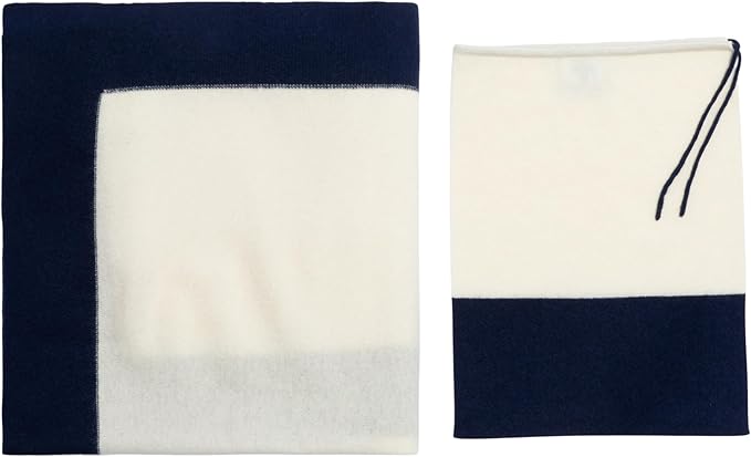Jet&Bo Luxurious Cashmere Merino Blend Travel Blanket, Airplane-Ready Cashmere Travel Throw in Packable Pouch, Soft, Lightweight and Breathable 55"x45" (White and Navy)