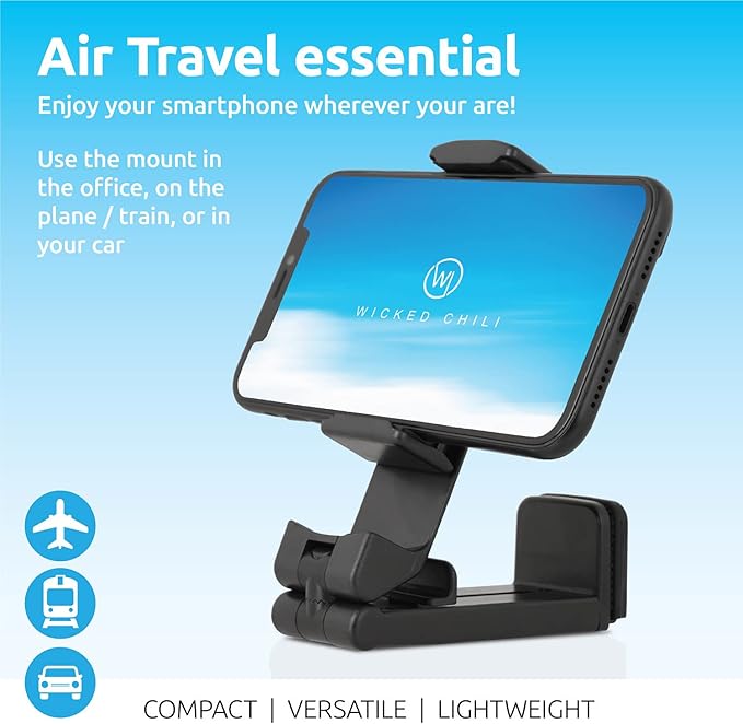 Wicked Chili 2X Airplane in Flight Phone Holder | Travel Essential Gadget for Plane | Universal Foldable Pocket Size Smartphone Mount | 360° Rotation | Train Work Monitor Kitchen & Video (Patented)