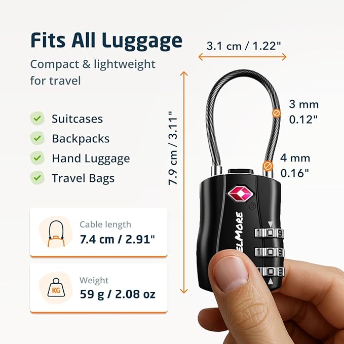 4 Pack TSA Approved Travel Combination Cable Luggage Locks for Suitcases & Backpacks - Black