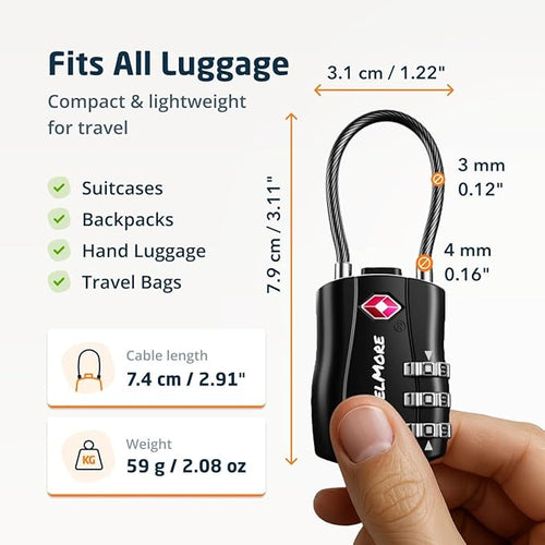 2 Pack TSA Approved Travel Combination Cable Luggage Locks for Suitcases & Backpacks - Black