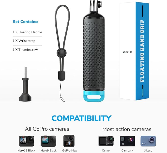 Floating Handle Grip Floaty Stick Waterproof Handler Accessory Compatible with GoPro Hero 13, 12, 11, 10, 9, 8, 7, 6, 5, 4, Session, 3+, 3, Hero(2018), Max, DJI Osmo Action Cameras (Blue)