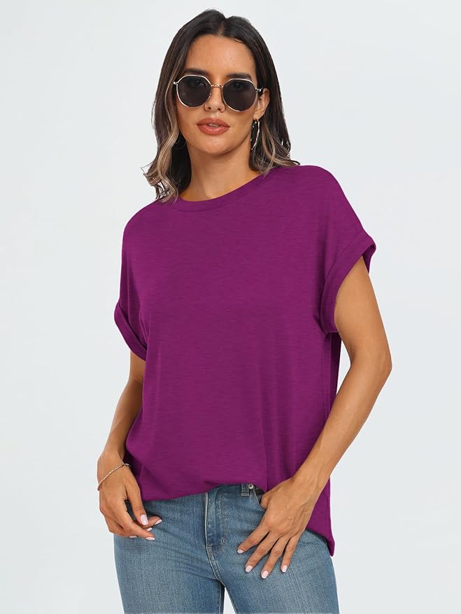 AUTOMET Women's Oversized Short Sleeve T Shirts Casual Drop Shoulder Rolled Cuff Summer Tops for Work, Travel and Lounge