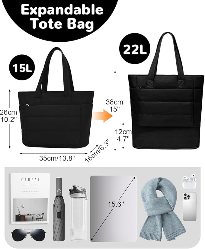 Expandable Puffer Tote Bag with Zipper for Women, Lightweight 15.6 Inch Laptop Work Tote Bag, Large Travel Tote Bags | Luggage strap, Lightweight, For 15.6 inch Laptop, Expandable, Multi-Compartments