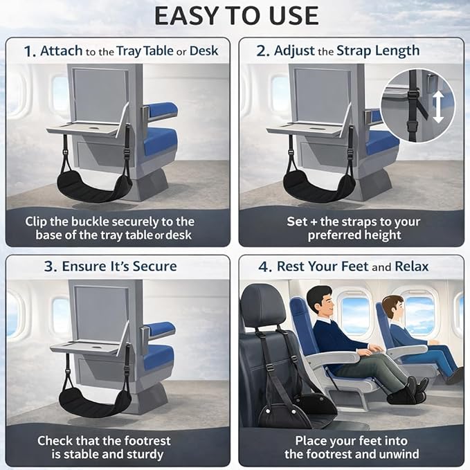 Airplane Foot Rest Hammock – Travel Footrest for Airplane with Memory Foam, Adjustable Foot Sling for Long Flights, Portable Carry Bag, Eye Mask & Earplugs – Flight Accessories Must Have