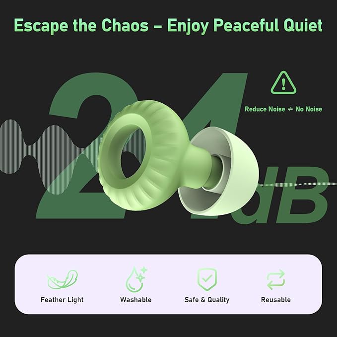 Reusable Ear Plugs for Sleep, Concerts & Noise Reduction – Comfortable Silicone Noise Cancelling Earplugs, Washable Hearing Protection – 4 Pairs, Black + Green
