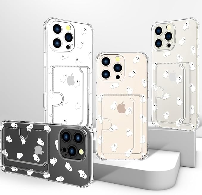 Compatible with iPhone 16 Pro Max Case Card Holder for Women Cute Design,Wallet Phone Cases Transparent Cool Kawaii Protective (Clear Ghosts Halloween Hallowmas)