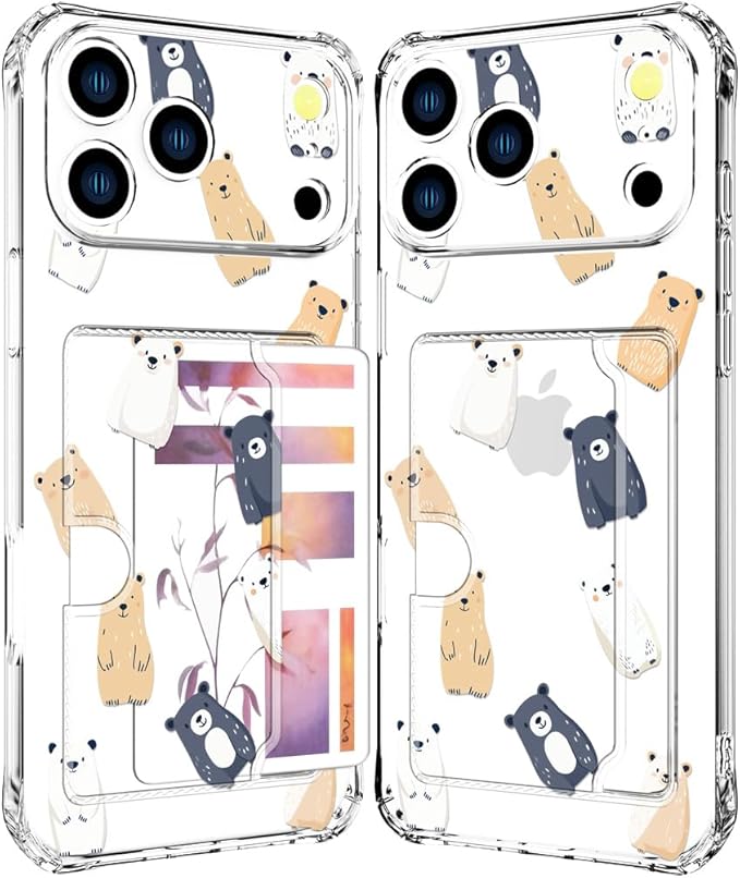 Compatible with iPhone 17 Pro Max Case Card Holder for Women Cute Design,Wallet Phone Cases Transparent Cool Kawaii Protective (Clear Lovely Bears Funny)