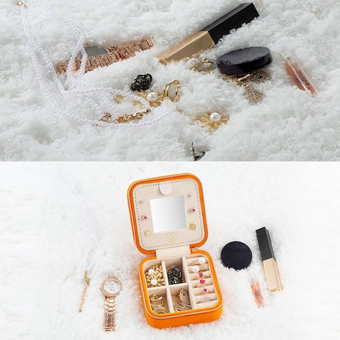 ZPROW Plush Velvet Travel Jewelry Case, Travel Jewelry Organizer, Jewelry Travel Case, Travel Jewelry Box, Small Jewelry Case, Jewelry Travel Box, Earring Organizer with Mirror - Orange