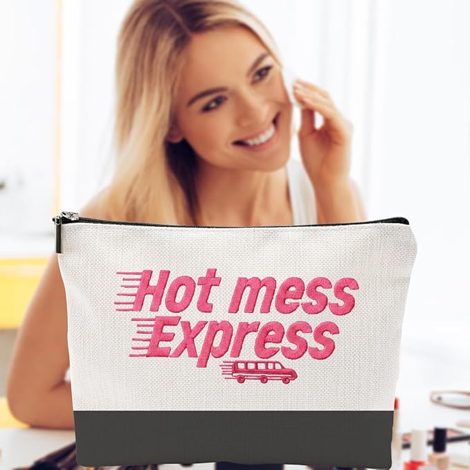 ZUYUROU Funny Makeup Bag for Women - Hot Mess Express Sassy Pink Quote Pouch - Y2K Preppy Style Canvas Cosmetic Organizer - Hilarious Gift for Best Friend, Busy Mom & College Student