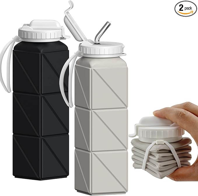 BEAUTAIL Collapsible Water Bottles with Straw 20.6oz, Silicone Foldable Portable Water Bottle, BPA-Free, Leakproof Reusable for Travel Camping Hiking Cycling Yoga Sports, 2 Pack (Black+Starlight)