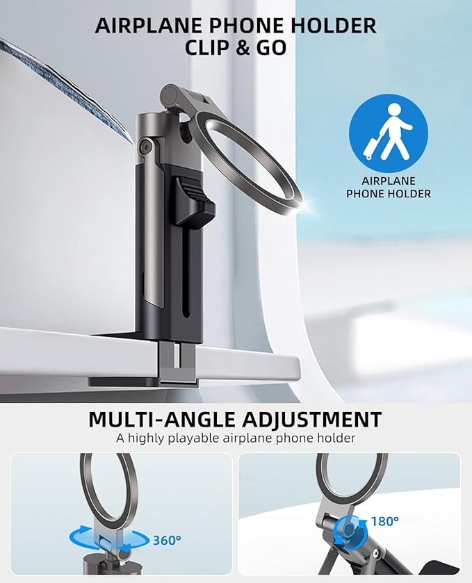 Adjustable Magnetic Phone Holder, Handsfree Airplane Phone Holder, Foldable Airplane Travel Essentials, 360° Rotation for All Mobile Phones Desk Long Flying Tray Table