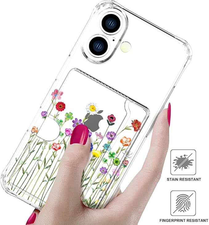 Compatible with iPhone 17 Case Card Holder for Women Cute Design,Wallet Phone Cases Transparent Cool Kawaii Protective (Clear Flower Floral Bouquet)