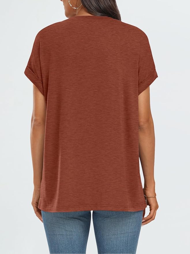 AUTOMET Women's Oversized Short Sleeve T Shirts Casual Drop Shoulder Rolled Cuff Summer Tops for Work, Travel and Lounge