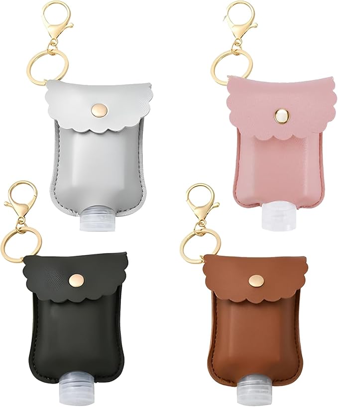 4 Packs Small Hand Sanitizer Holder Mini Hand Sanitizer Holder for Car Keychain Portable Leather Empty Bottles (Black, Pink, Grey, Brown)