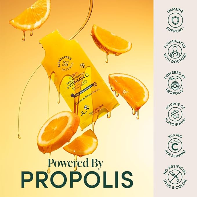 Kid's Immune Liposomal Vitamin C by Beekeeper's Naturals, 500 mg Vitamin C, Elderberry, Vitamin D, Propolis & Honey, Kid-Friendly Immune Support - Mixed Berry Flavor, Easy to Use, Bioavailable, 12 Ct