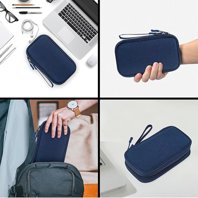 CAAORDKSO Electronic Bag Travel Cable Accessories Bag Waterproof Double Layer Electronics Organizer Portable Storage Case for Cable, USB, Cord, Charger, Phone, Power Bank, Earphone (Navy Blue, Large)