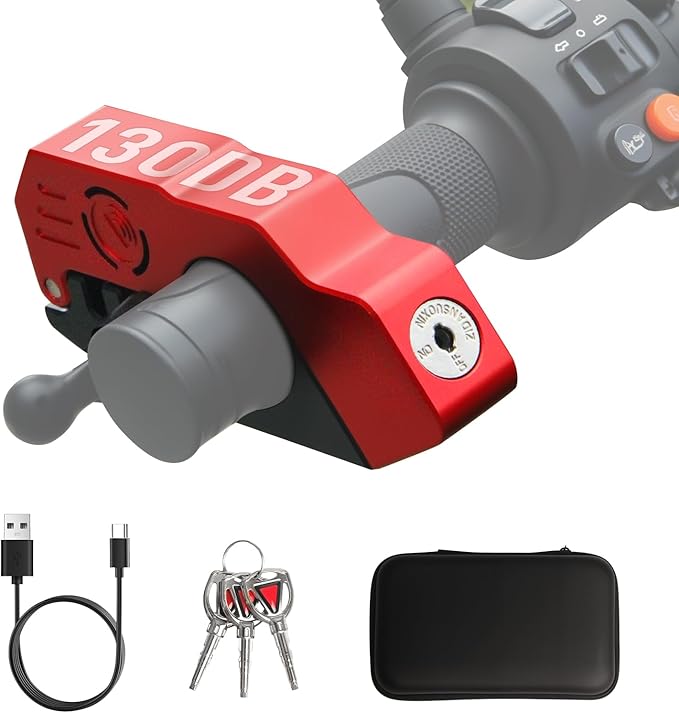 Motorcycle Locks Anti Theft, 130DB Alarm Motorcycle Grip Brake Lock, Heavy Duty Handlebar Throttle Lock Waterproof Alarm System for Moped, Bike, Scooter, ATV (Red)