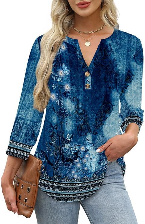 OFEEFAN Womens Tops 3/4 Sleeve Henley Shirts for Women Summer Outfits Fashion Clothing