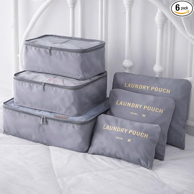 6 Set Travel Packing Cubes for Luggage – Laundry Pouch Organizer Bags, Lightweight Storage Pouches for Clothes, Shoes, and Toiletries (grey)