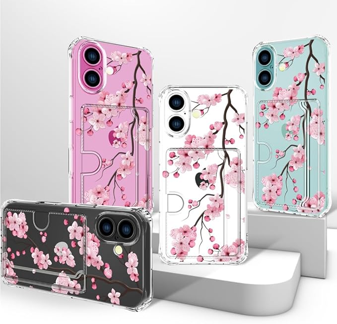 Compatible with iPhone 16 Plus Case Card Holder for Women Cute Design,Wallet Phone Cases Transparent Cool Kawaii Protective (Clear Sakura Peach Cherry)