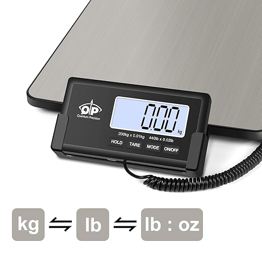 QP Shipping Scale for Packages, 440lb/0.35oz High Accuracy Digital Postal Scale, Postage Scale, Hold/Tare Function, Auto Off LCD Display, Lightweight Scale for Luggage/Pet, Battery&AC Adapter Included