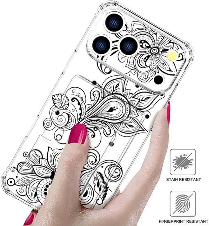 Compatible with iPhone 17 Pro Max Case Card Holder for Women Cute Design,Wallet Phone Cases Transparent Cool Kawaii Protective (Clear Black Henna Flower)
