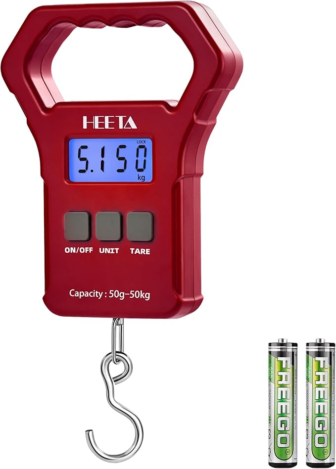 HEETA Fish Scale, 110lb/50kg Digital Portable Hanging Fishing Weight Scale with Backlit LCD Display, Luggage Scale with Hook, Non-Slip Large ABS Handle & 2 AAA Batteries, Fishing Gifts Gear for Men