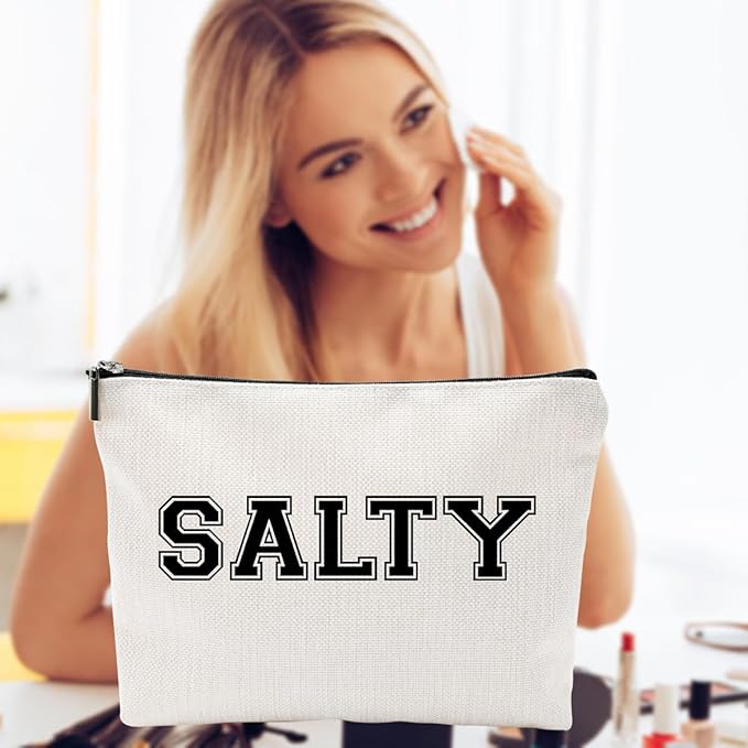 Funny Makeup Bag for Women - "SALTY" Sassy Cosmetic Pouch - Preppy Varsity Letter Style Travel Toiletry Organizer - Cute Beige Canvas Zipper Clutch for Beach Vacation, College Dorm & Best Friend Gift