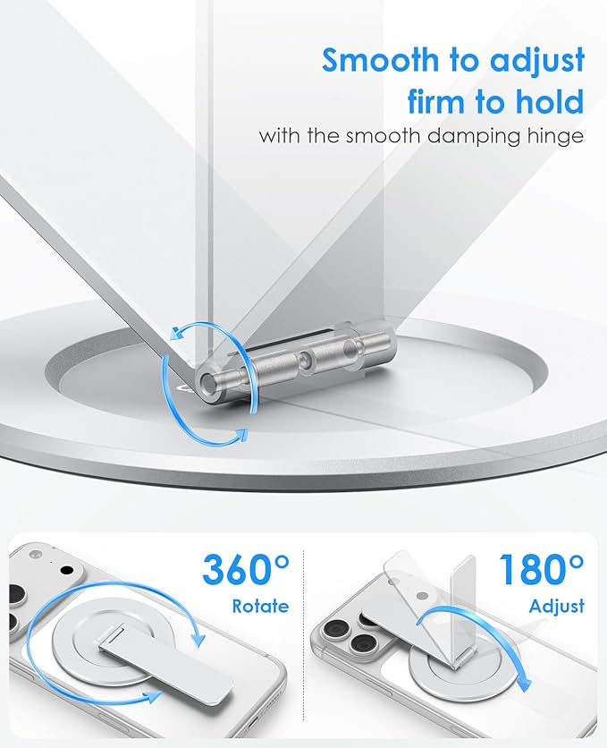 Magtame Magnetic Phone Stand for Magsafe, Ultra-Slim Snap-on Phone Holder Kickstand,180° Adjustable Angle Damping Design Cellphone Grip, Silver