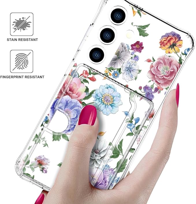 Compatible with Samsung Galaxy S24+ Plus / S25+ Plus Case Card Holder for Women Cute Design,Wallet Phone Cases Transparent Cool Kawaii Protective (Clear Amazing Lovely Flowers)