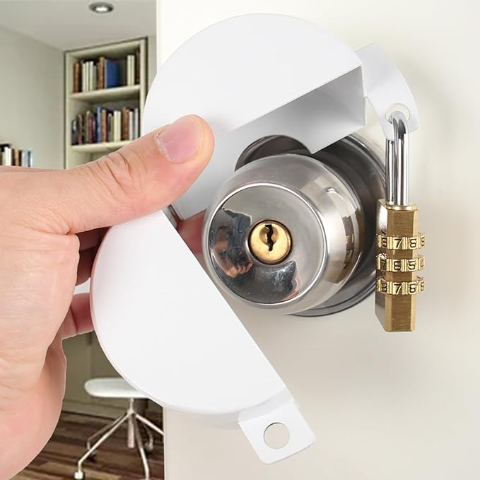 Door Knob with Lock,Without Drilling,Dementia Door Handle Lock，from Outside Prevents Turning of Door Knob and Access to Keyhole,for Apartment Evictions，Childproof (White with Padlock)
