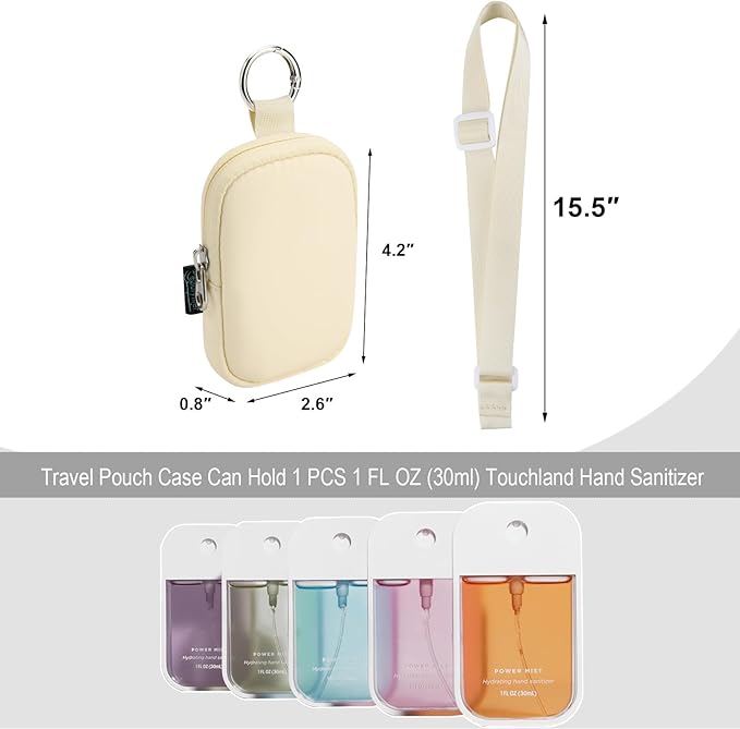 Beautyflier Pocket Hand Sanitizer Spray Case for Touchland Power Mist and Glow Mist 1FL OZ, Zipper Pouch for Hand Sanitizer Spray Bottle, with Removable Neck Strap, Great for Travel (Beige)