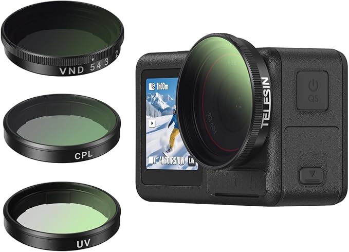 TELESIN Filters Set for DJI Osmo Action 5 Pro / 4/3, VND 2-32 Variable ND Filter, CPL Polarizer & UV Lens Filter Kit, Snap-On HD Optical Glass Filters for Vlogging, Travel & Action Camera Video