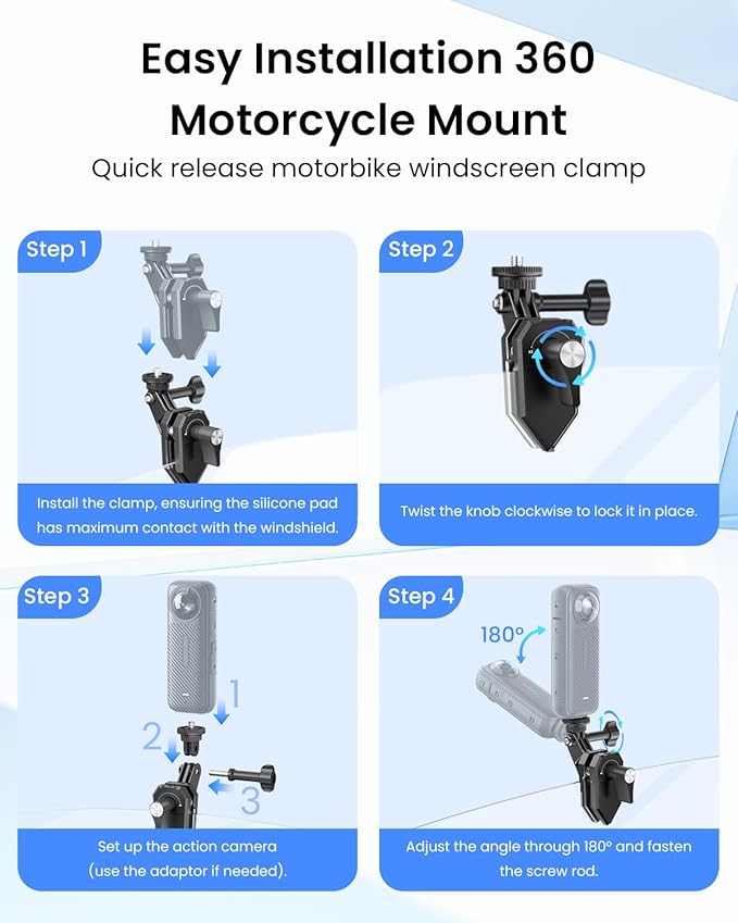 Motorcycle Windshield Clip Camera Mount for Insta360 X5/X4/X3 for GoPro for DJI Osmo Action Motorcycle Mount Clamps for Insta360 X5 Accessories