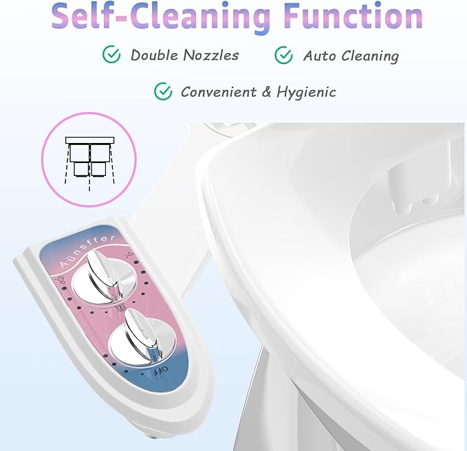 Aünsffer Toilet Bidet Attachment for Toilet, No-Electric Fresh Cold Water with Dual Nozzles Sprayer, 3 Wash Modes (Feminine/Bidet Wash + Self-Cleaning)，Fits Standard Toilet Bowl, Blue Pink