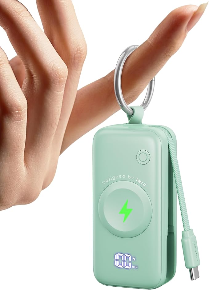 INIU 3-in-1 Portable Charger, 5000mAh Power Bank with Watch Charger & Built-in Cable, Compact 20W Fast Charging Battery Pack, Key Chain & Travel Essential for iPhone 16 15, Apple Watch,etc