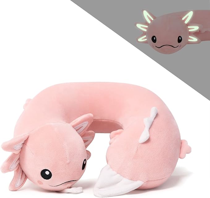 Niuniu Daddy Pink Axolotl Kids Travel Neck Pillow Road Trip Essentials for 3-8 Years Old, Soft Memory Foam Neck Pillow for Sleeping Airplane Essentials, Cervical Pillow for Boys Girls Toddlers