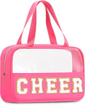 BuyCard Chenille Letter Patch Clear Travel Bags, Preppy PVC&Nylon Makeup Bag with Handle and Zipper, Waterproof Large Clear Travel Toiletry Bag Storage Bag for Women Girls