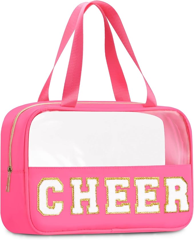 BuyCard Chenille Letter Patch Clear Travel Bags, Preppy PVC&Nylon Makeup Bag with Handle and Zipper, Waterproof Large Clear Travel Toiletry Bag Storage Bag for Women Girls