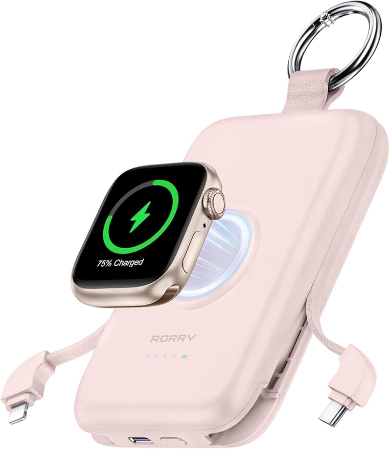 RORRY Portable Charger, 10000mAh PD 20W Fast Charging Portable Charger Power Bank with Built in Cables, Travel Battery Pack for iPhone and Apple Watch Ultra/11/10/9/8/7/6/5, Pink