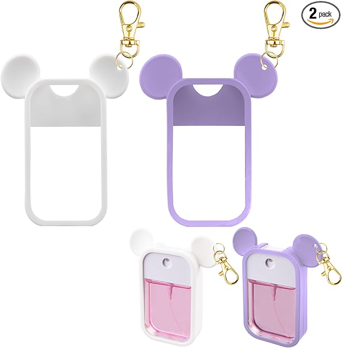 TERPINK 2 Pack Silicone Case Compatible with Touchland Hand Sanitizer Spray 1 fl oz, Mouse Design Protective Case with Keychain, Hand Sanitizer Spray Accessory (White+Purple)
