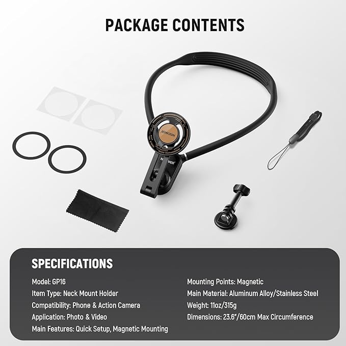 NEEWER Magnetic Neck Holder for Action Camera & Phone, Hands Free Tripod Chest Mount Compatible with GoPro DJI Insta360 Magsafe iPhone Android, Phone Holder for Video Recording POV Vlog, GP16