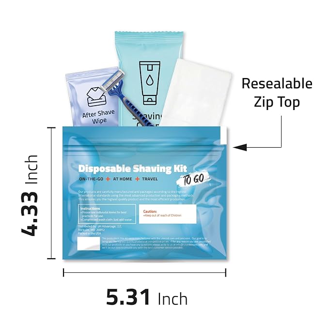 Compact Shaving Kit – Travel Shaving Essentials for Men & Women | Includes Disposable Razor, Shaving Cream, Washcloth & Aftershave Wipe | Hygiene Kit for Travel, Work & Emergencies (Blue)