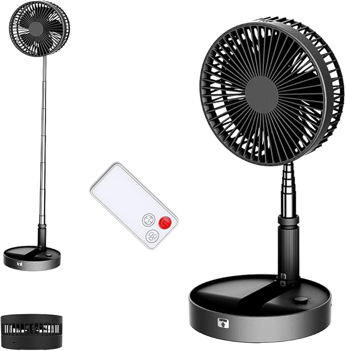 UN UNITEDTIME Portable Fan Foldable Rechargeable [Remote Control ] Battery Operated Foldaway Standing Pedestal Collapsible Fan, 4 Speed, Timer for Camping Travel, Bedroom (Black)