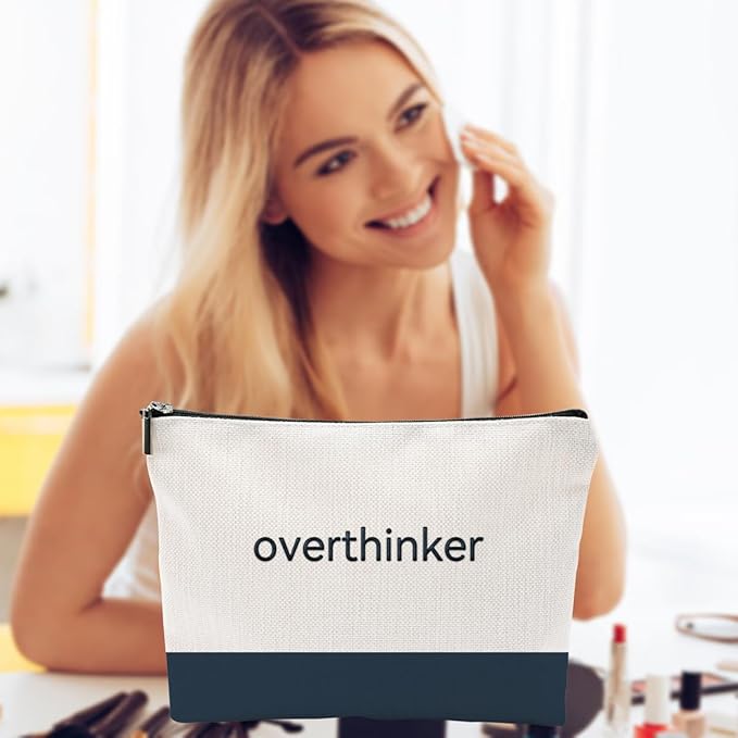 Funny Makeup Bag for Women - overthinker Relatable Quote Pouch - Minimalist Navy Blue Color Block Canvas Cosmetic Organizer - Unique Gift for Best Friend, Introverts & Mental Health Awareness