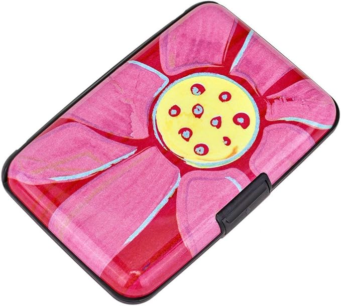 ELFISH RFID Blocking Credit Cards Holder Aluminum Wallet Metal ID Case for Men Women (Big pink flower)