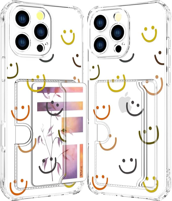Compatible with iPhone 16 Pro Case Card Holder for Women Cute Design,Wallet Phone Cases Transparent Cool Kawaii Protective (Clear Smiley Face)